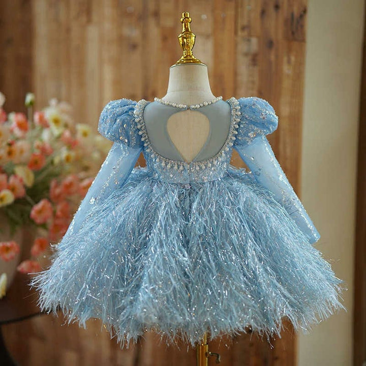 Sunnypetal Long Sleeves Sequin Pearls Feathers Tulle Knee-Length Toddler Birthday Dress