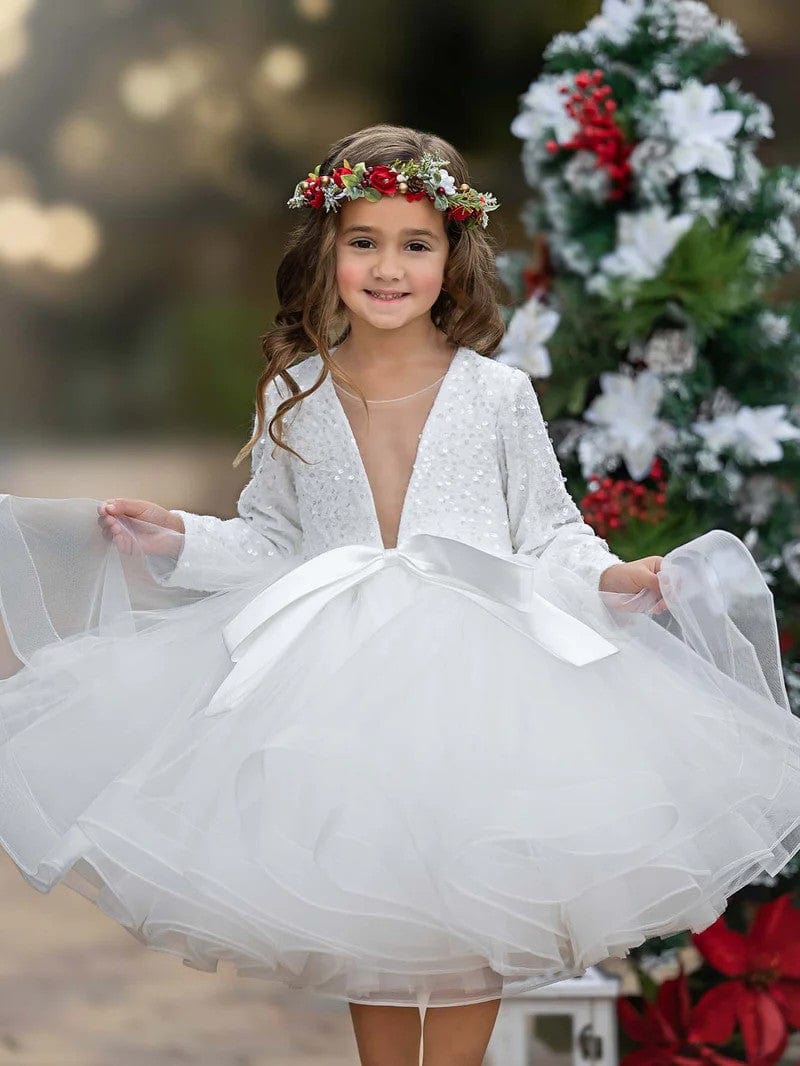 Sunnypetal Long Sleeves V-Neck Sequins Knee-Length Pageant Party Prom Ball Gown