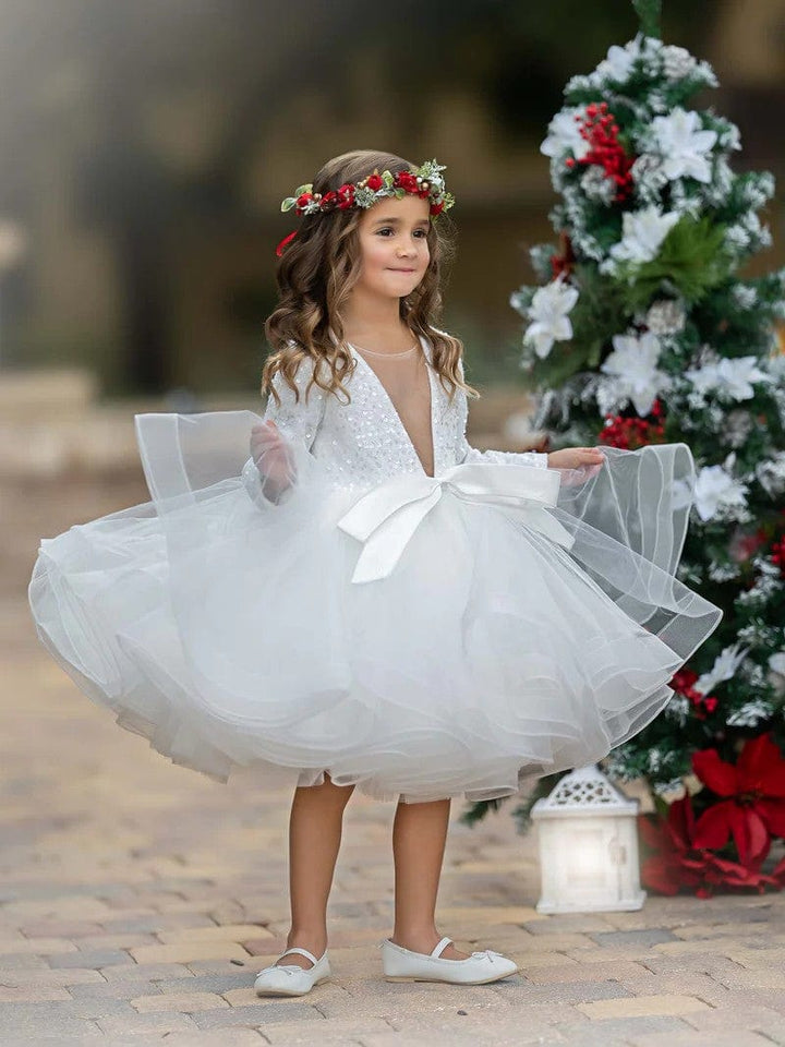 Sunnypetal Long Sleeves V-Neck Sequins Knee-Length Pageant Party Prom Ball Gown