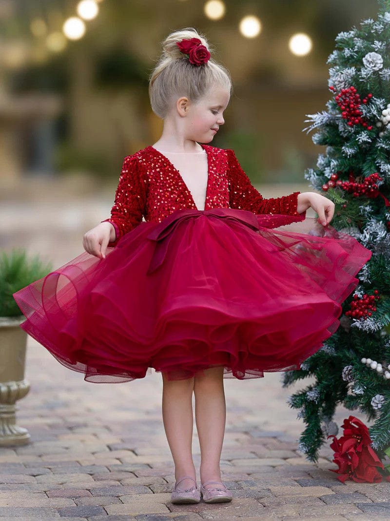 Sunnypetal Long Sleeves V-Neck Sequins Knee-Length Pageant Party Prom Ball Gown