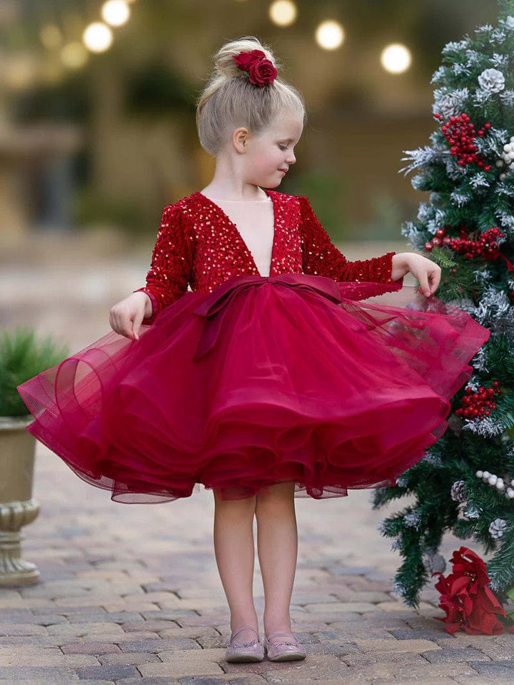 Sunnypetal Long Sleeves V-Neck Sequins Knee-Length Pageant Party Prom Ball Gown