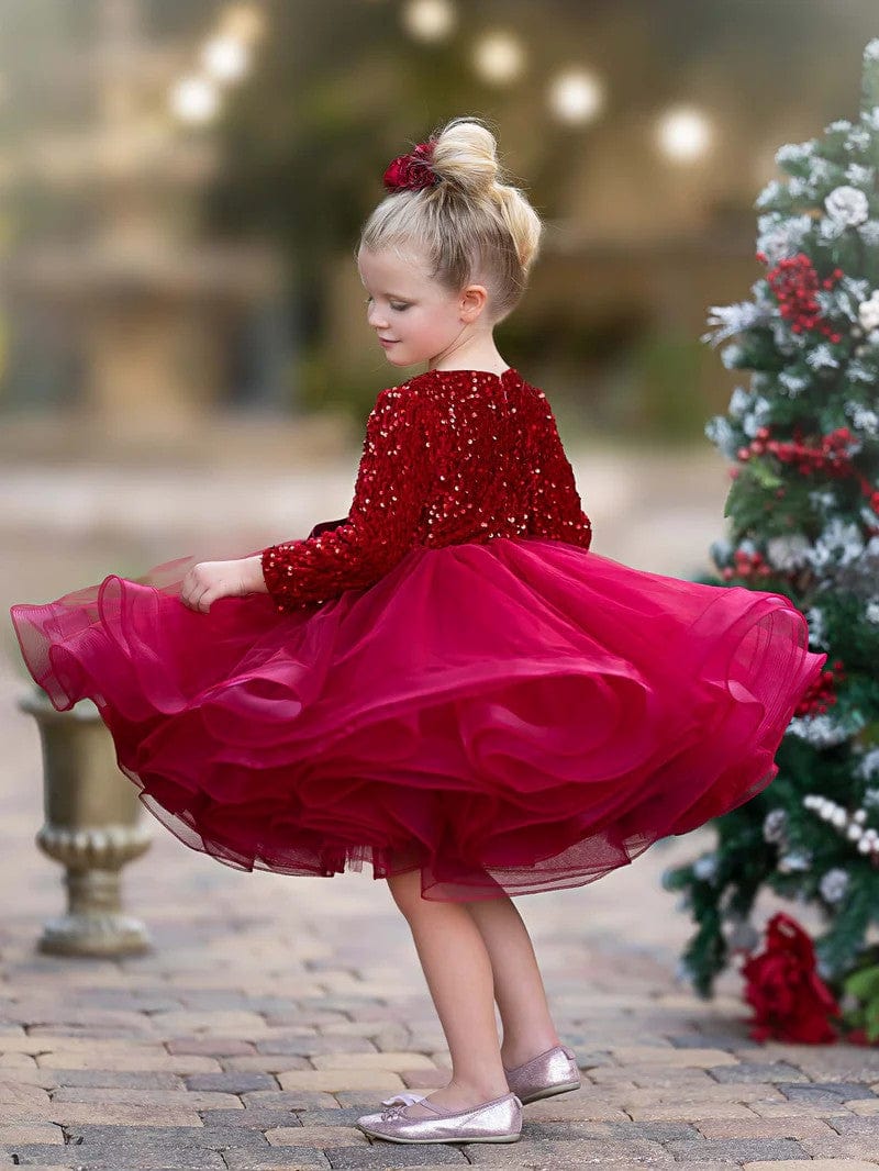 Sunnypetal Long Sleeves V-Neck Sequins Knee-Length Pageant Party Prom Ball Gown