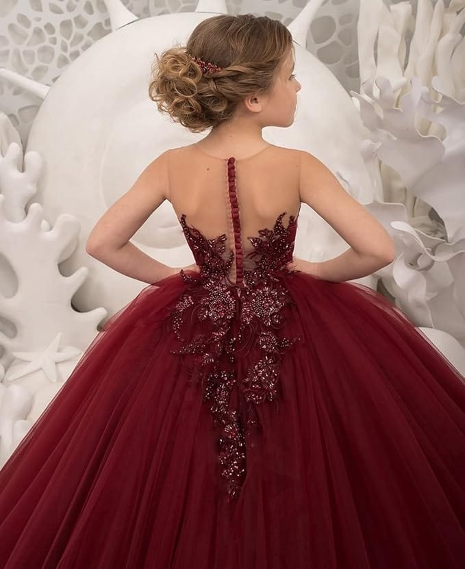 Sunnypetal Long Tulle Flower Girl Dress for Wedding Lace Applique Princess Pageant Dresses