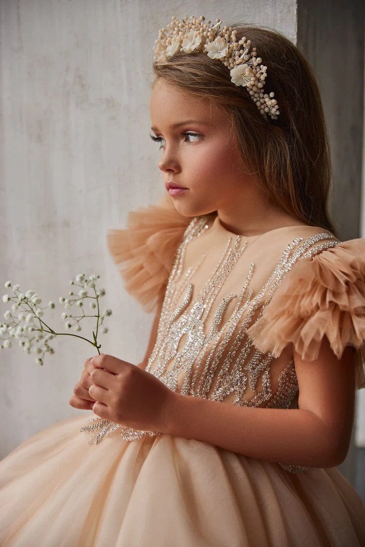 Sunnypetal Luxurious Beads Sequins Ball-Gown Flower Girl Dress with Puff Sleeves