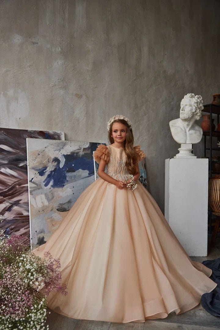 Sunnypetal Luxurious Beads Sequins Ball-Gown Flower Girl Dress with Puff Sleeves