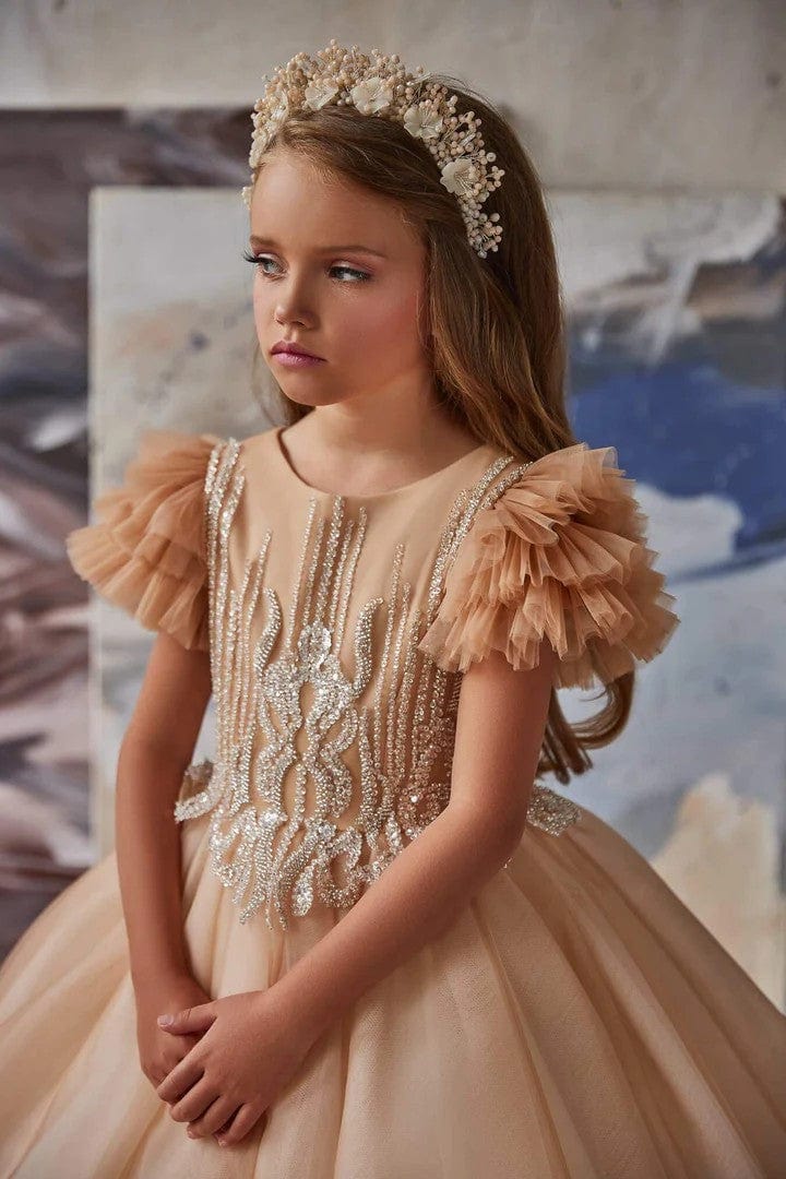 Sunnypetal Luxurious Beads Sequins Ball-Gown Flower Girl Dress with Puff Sleeves