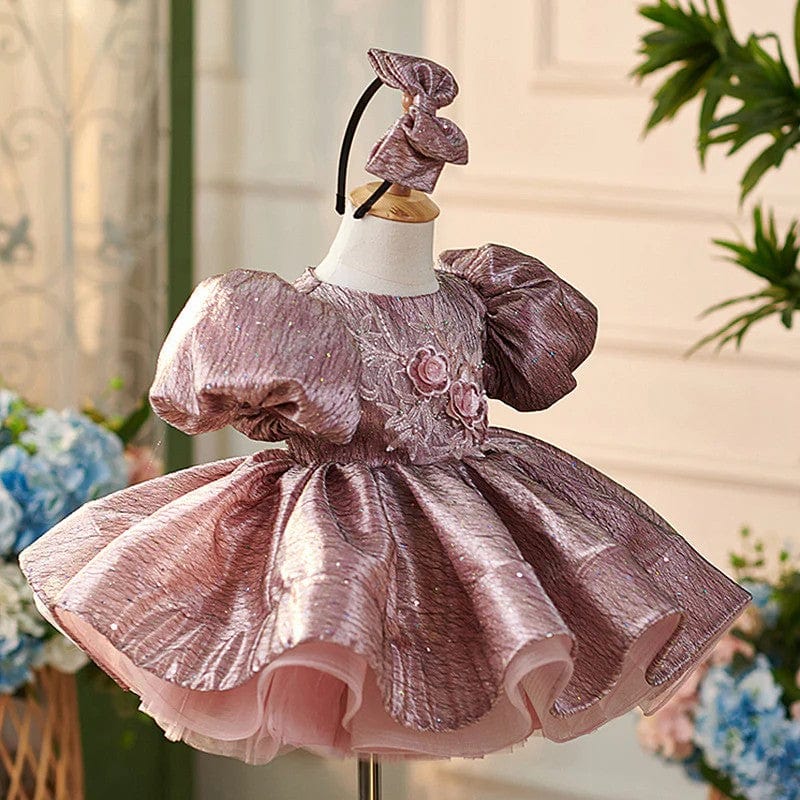 Sunnypetal Luxurious Dusty Pink Lace Appliques Ball-Gown 1st Birthday Girl Dress