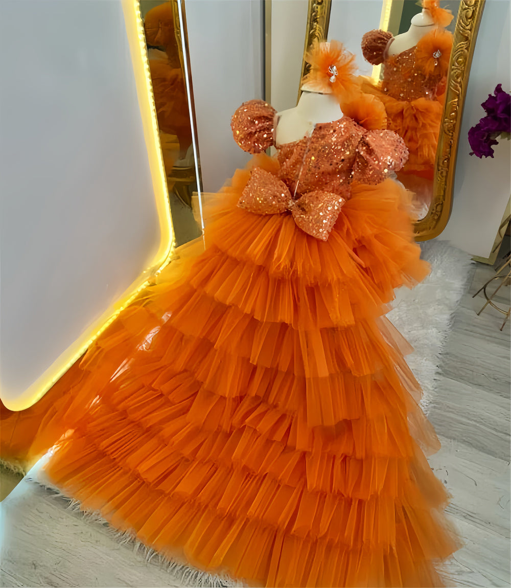 Sunnypetal Luxurious High Low Tulle Sequins Flower Girl Dresses Pageant Prom Evening Gown