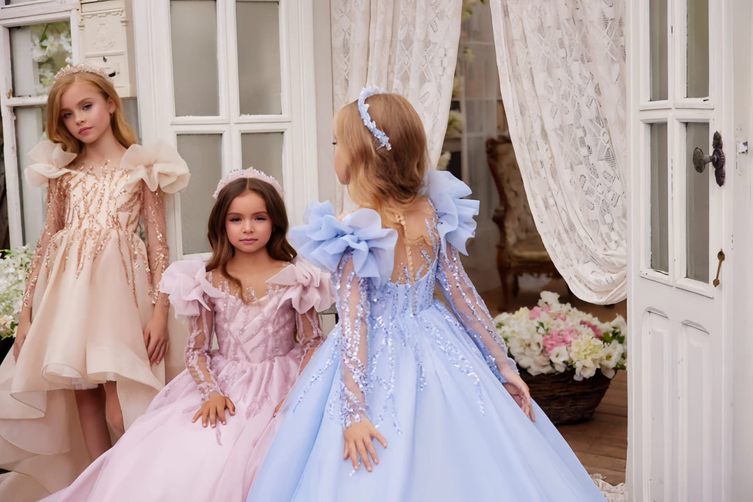 Sunnypetal Luxurious Prom Pageant Dinners Gown Tulle Oversized Puff Shoulder Flower Girl Dresses