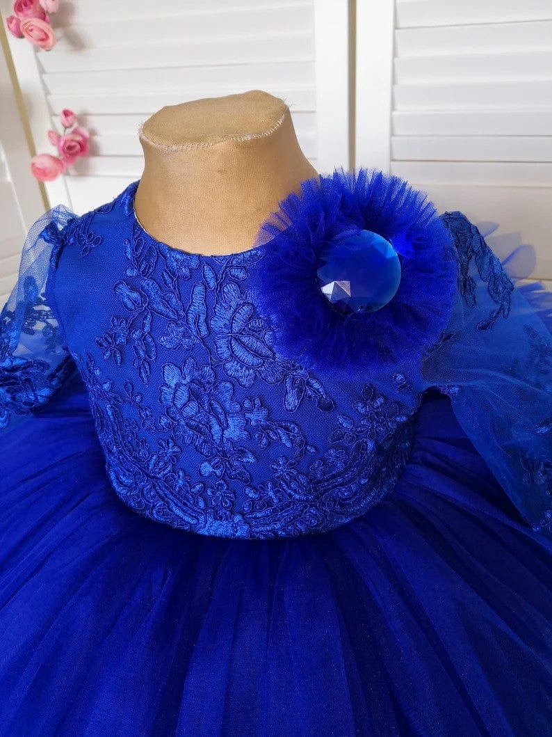Sunnypetal Luxurious Royal Blue Long Sleeves V Back Asymmetry Flower Girl Dresses