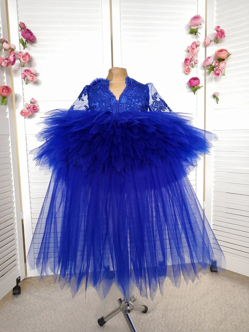 Sunnypetal Luxurious Royal Blue Long Sleeves V Back Asymmetry Flower Girl Dresses