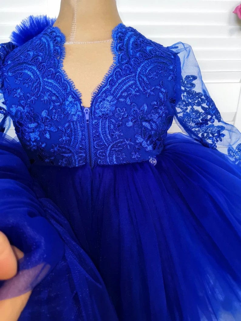 Sunnypetal Luxurious Royal Blue Long Sleeves V Back Asymmetry Flower Girl Dresses