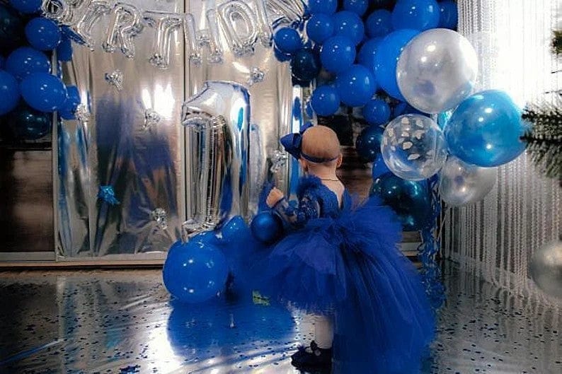 Sunnypetal Luxurious Royal Blue Long Sleeves V Back Asymmetry Flower Girl Dresses