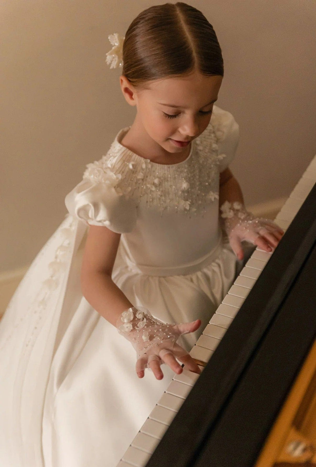 Sunnypetal Luxurious Satin Ball Gown – Enchanting Floral Cape Train Flower Girl Dress