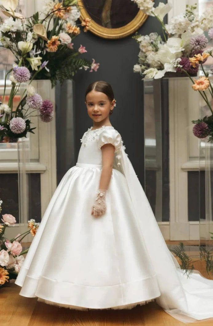 Sunnypetal Luxurious Satin Ball Gown – Enchanting Floral Cape Train Flower Girl Dress