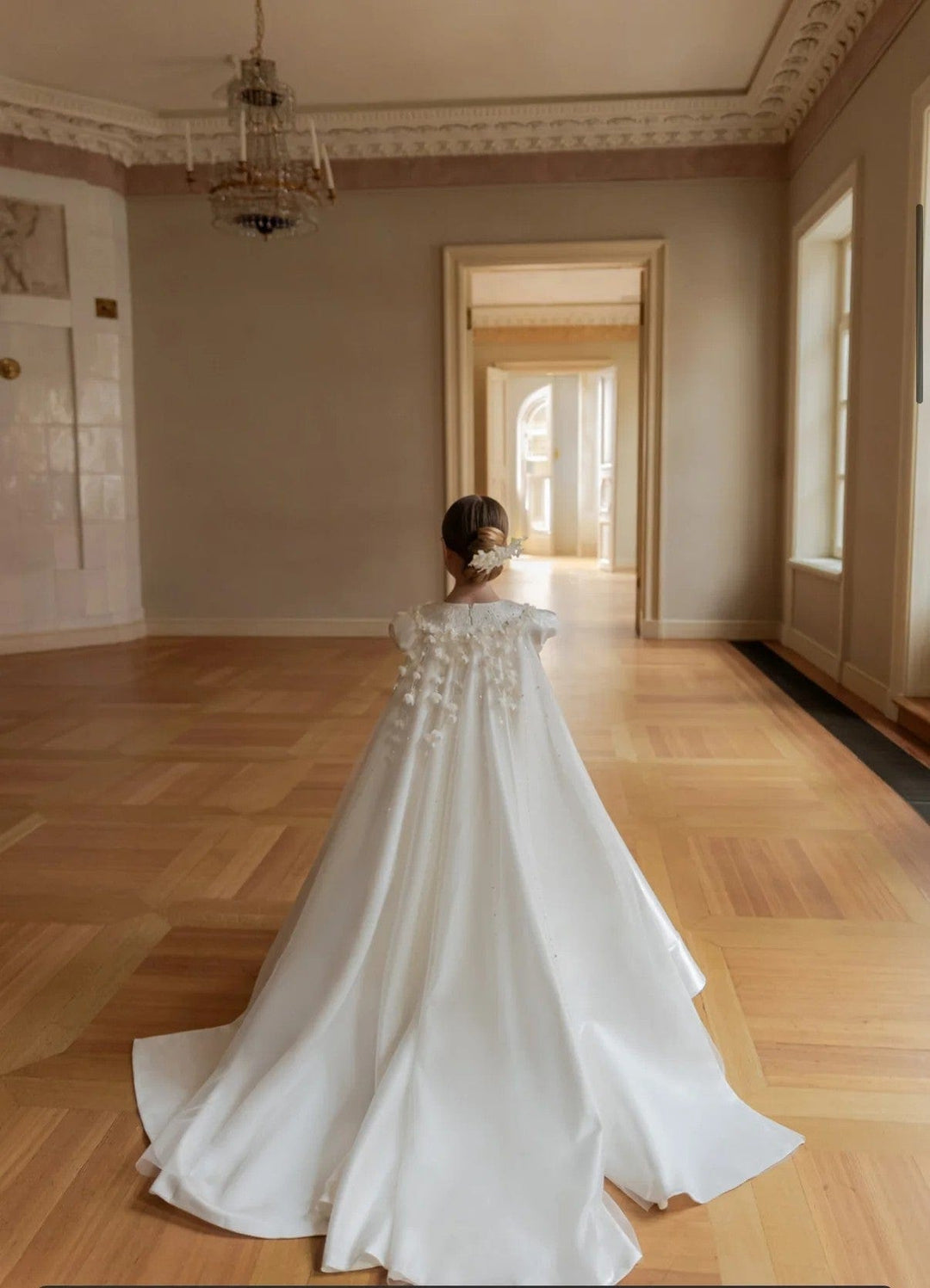 Sunnypetal Luxurious Satin Ball Gown – Enchanting Floral Cape Train Flower Girl Dress