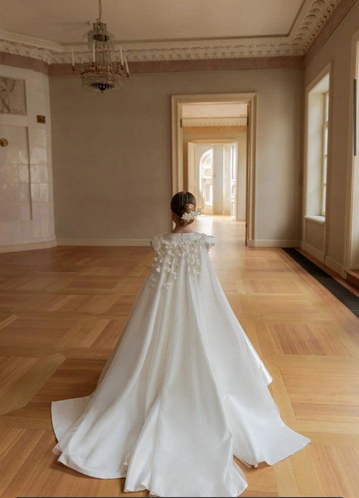 Sunnypetal Luxurious Satin Ball Gown – Enchanting Floral Cape Train Flower Girl Dress