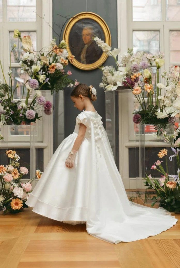 Sunnypetal Luxurious Satin Ball Gown – Enchanting Floral Cape Train Flower Girl Dress