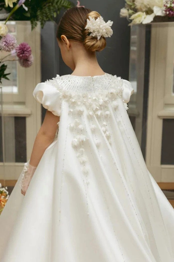 Sunnypetal Luxurious Satin Ball Gown – Enchanting Floral Cape Train Flower Girl Dress
