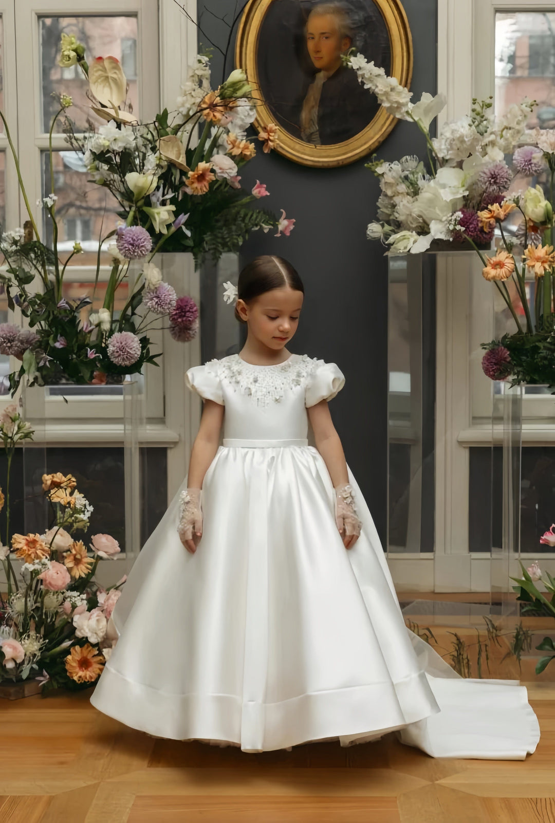 Sunnypetal Luxurious Satin Ball Gown – Enchanting Floral Cape Train Flower Girl Dress