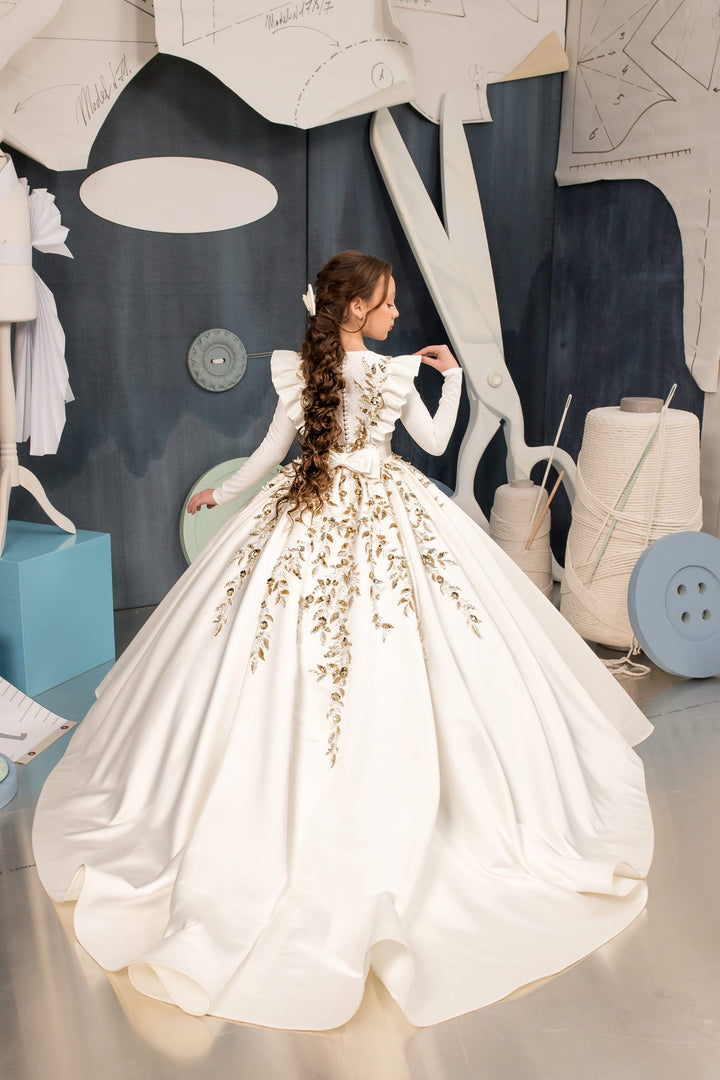 Sunnypetal Luxurious Satin Ball-Gown Long Sleeves Gold Sequins Beading Flower Girl Dresses