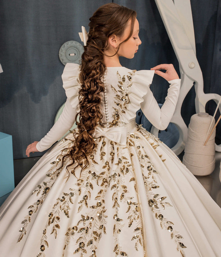 Sunnypetal Luxurious Satin Ball-Gown Long Sleeves Gold Sequins Beading Flower Girl Dresses