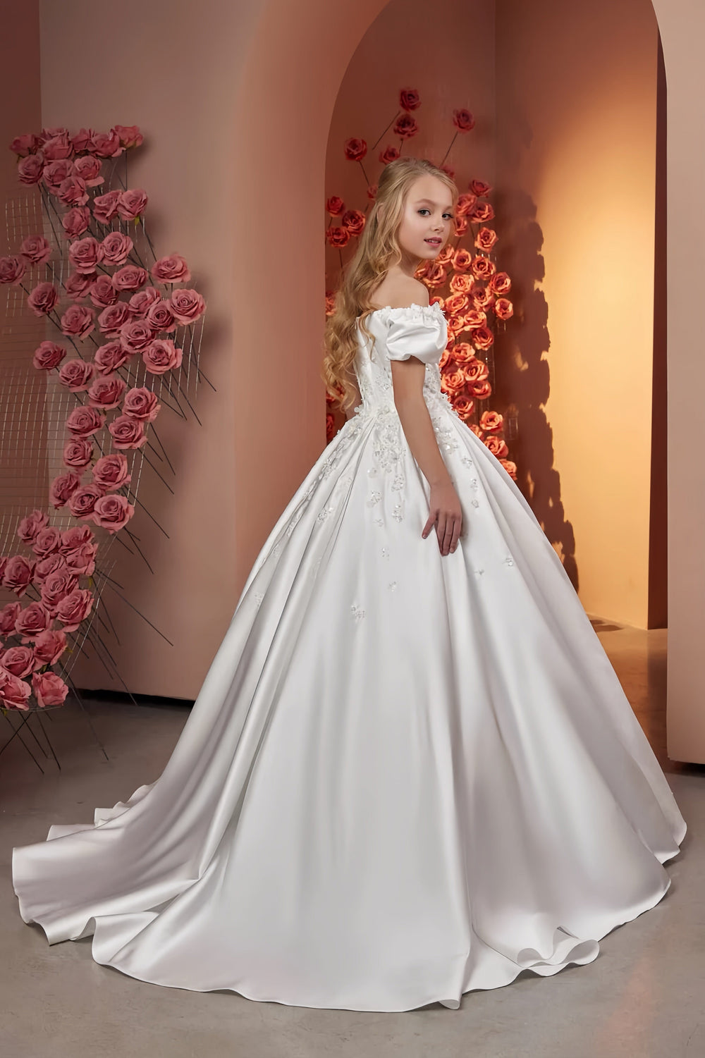 Sunnypetal Luxurious Satin Sequins Beaded Flower Girl Dress for Special Occasions