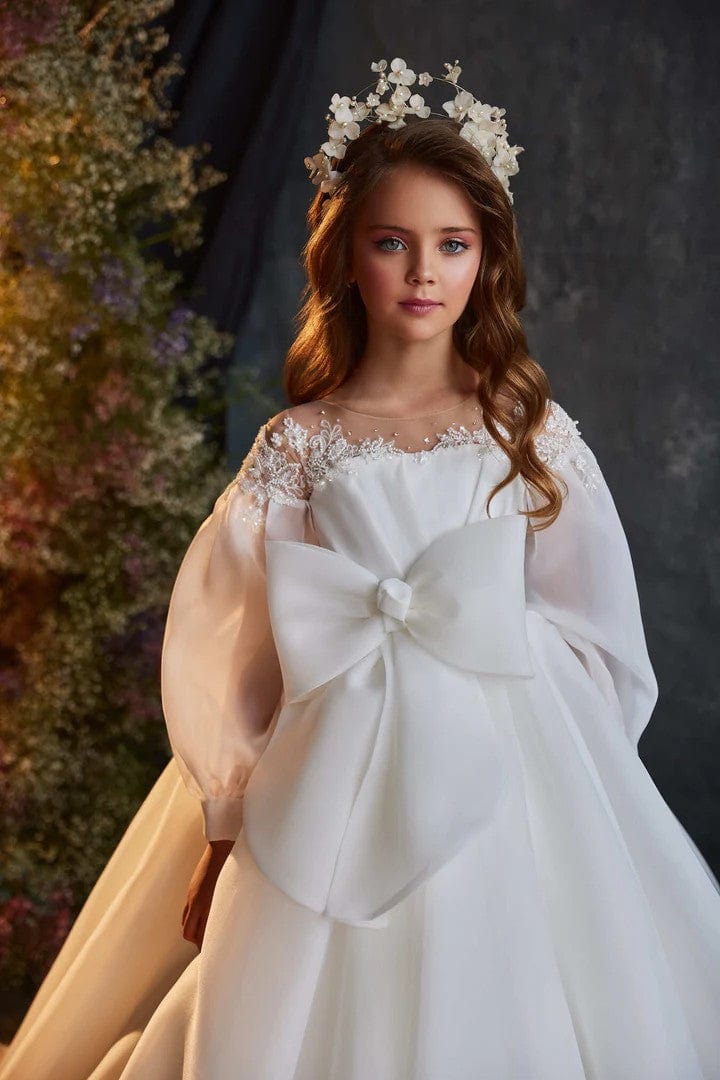 Sunnypetal Luxurious White Chiffon Puff Sleeves Flower Girl Gown with a Front Bow