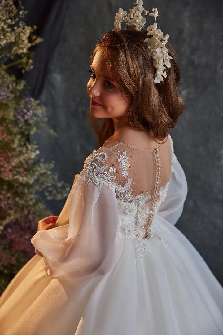 Sunnypetal Luxurious White Chiffon Puff Sleeves Flower Girl Gown with a Front Bow