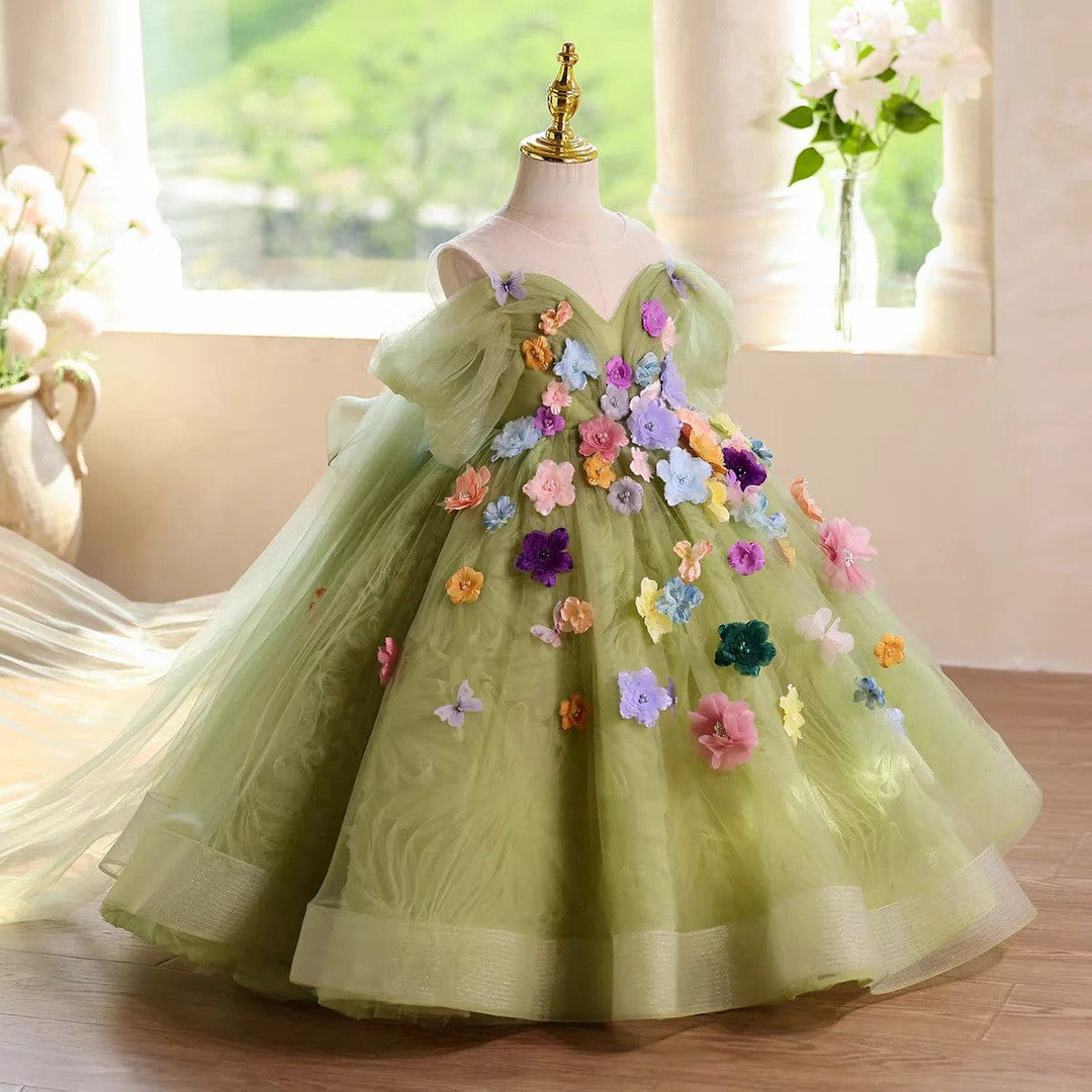 Sunnypetal Luxury Green Flower Girl Gown with 3D Floral Appliqués