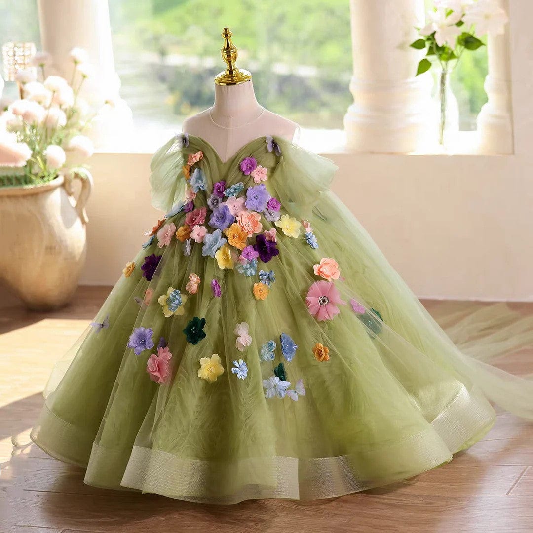 Sunnypetal Luxury Green Flower Girl Gown with 3D Floral Appliqués