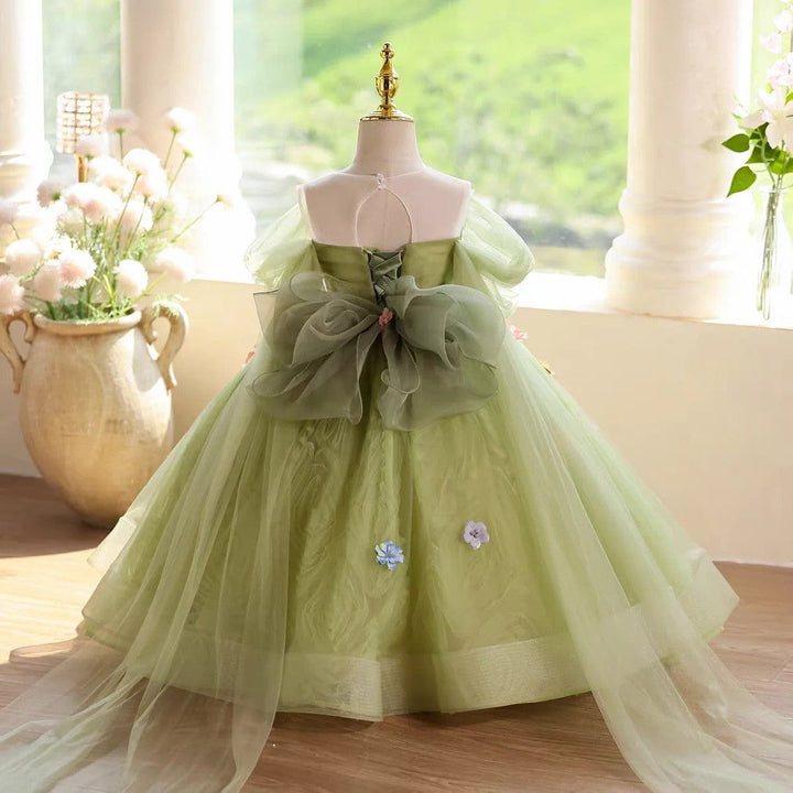 Sunnypetal Luxury Green Flower Girl Gown with 3D Floral Appliqués