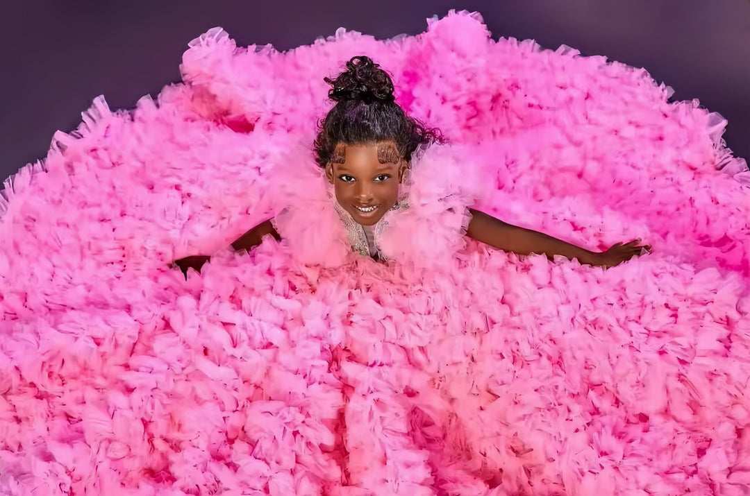 Sunnypetal Luxury Pink Beaded Flower Girl Dresses Ruffles Tulle Pageant Birthday Gowns