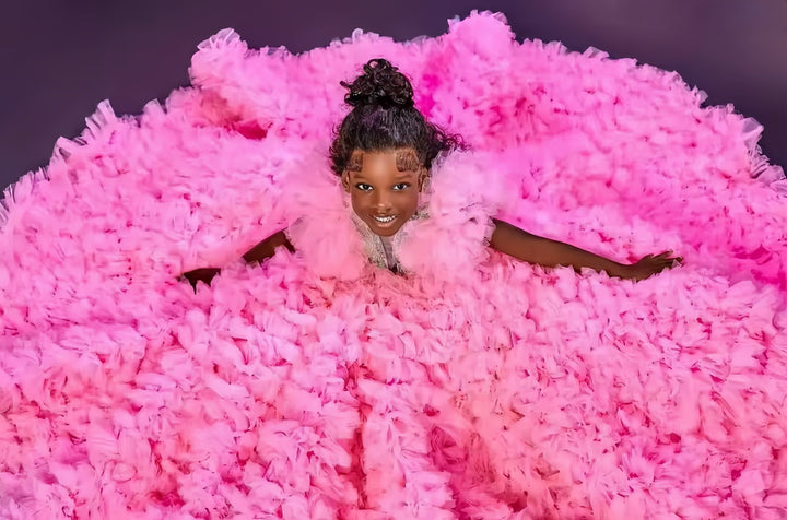Sunnypetal Luxury Pink Beaded Flower Girl Dresses Ruffles Tulle Pageant Birthday Gowns