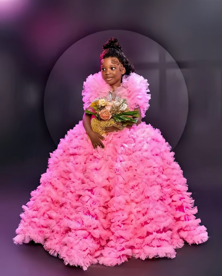 Sunnypetal Luxury Pink Beaded Flower Girl Dresses Ruffles Tulle Pageant Birthday Gowns