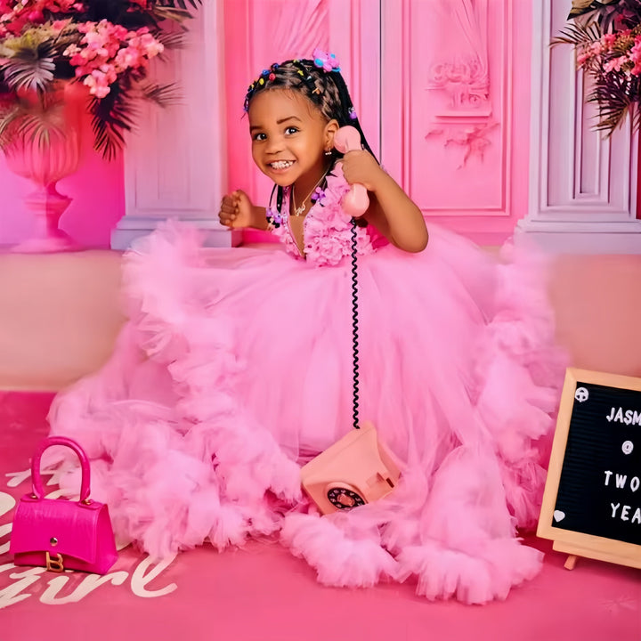 Sunnypetal Luxury Pink Kids Birthday Gown Beaded Ruffles Tulle Flower Girl Dresses