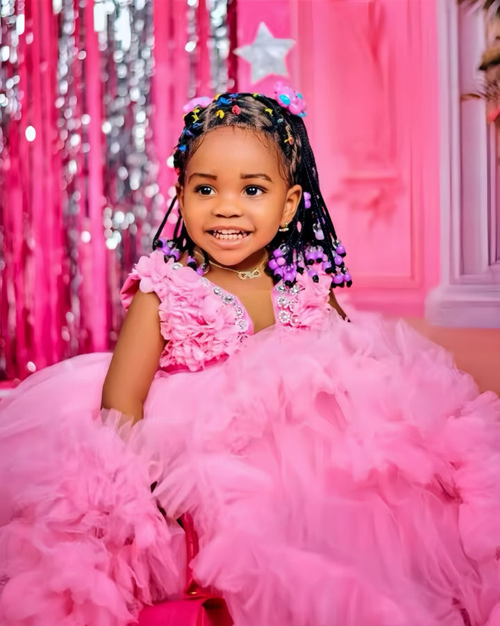 Sunnypetal Luxury Pink Kids Birthday Gown Beaded Ruffles Tulle Flower Girl Dresses