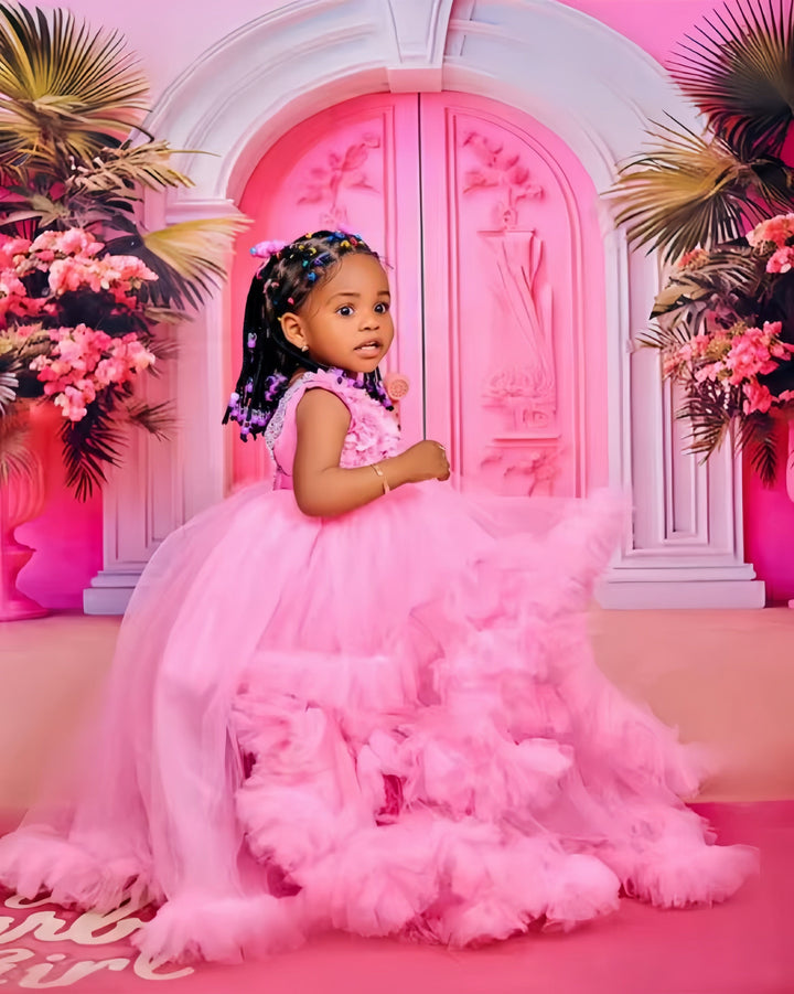 Sunnypetal Luxury Pink Kids Birthday Gown Beaded Ruffles Tulle Flower Girl Dresses