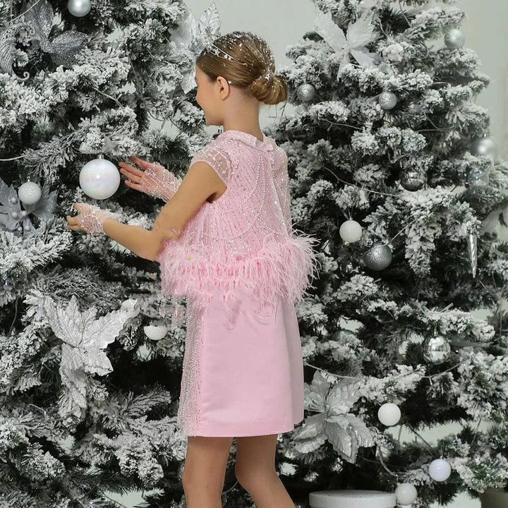 Sunnypetal Luxury Pink Princess Girl Dress Feathers Birthday Wedding Party Gown