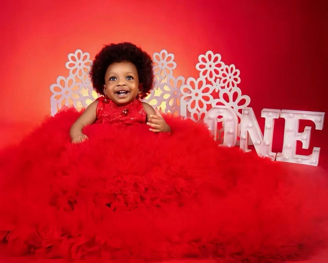 Sunnypetal Luxury Red Ruffles Tiered Tulle Flower Girl Dresses First Birthday Gown