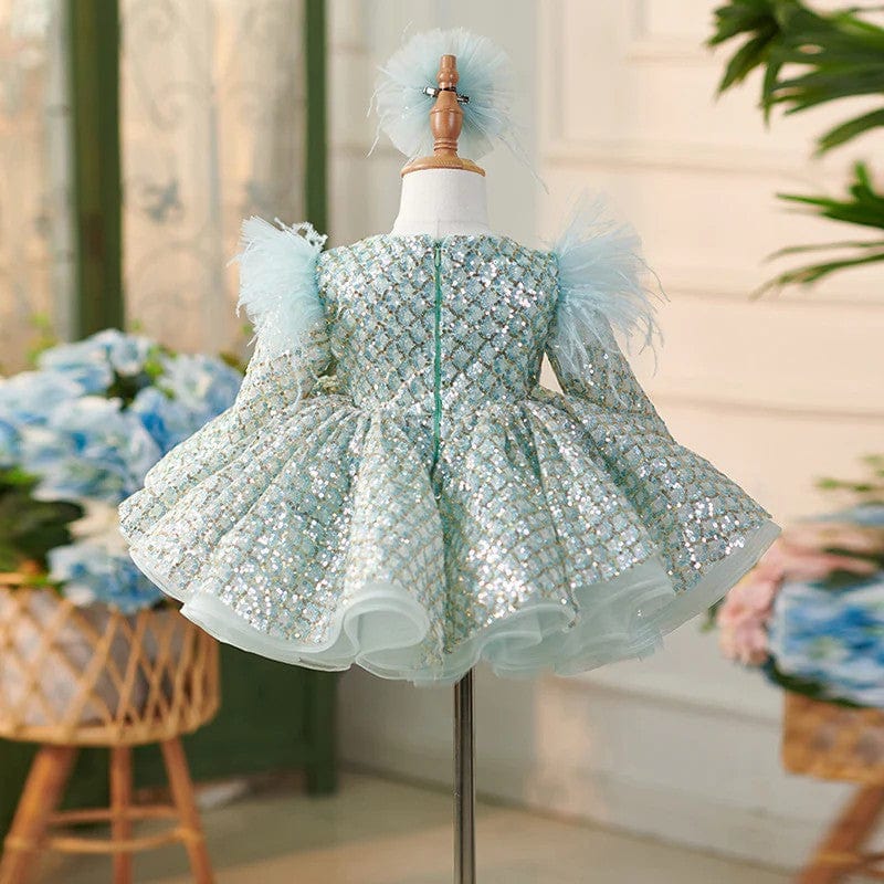 Sunnypetal Mint Green Long Sleeves Sequined Ball-Gown Flower Girl Dress
