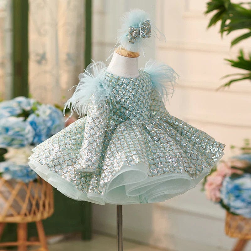 Sunnypetal Mint Green Long Sleeves Sequined Ball-Gown Flower Girl Dress