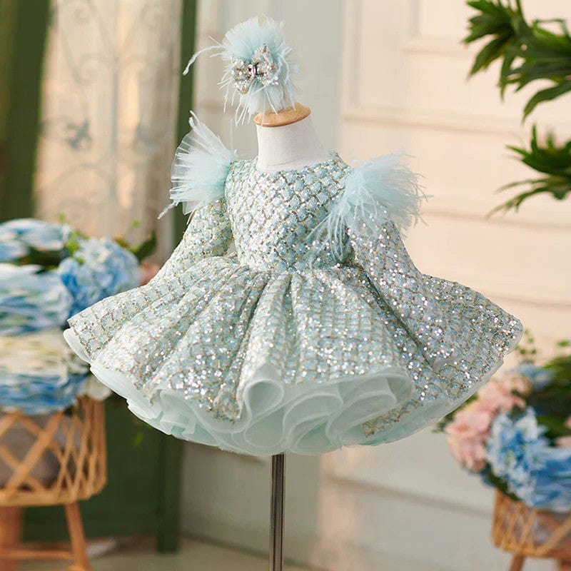 Sunnypetal Mint Green Long Sleeves Sequined Ball-Gown Flower Girl Dress