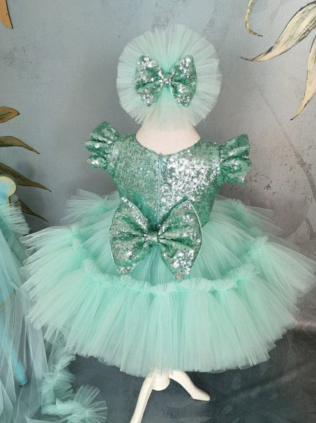 Sunnypetal Mint Green Ruffled Sleeves Sequins Knee-Length Tulle Baby Girl Dress