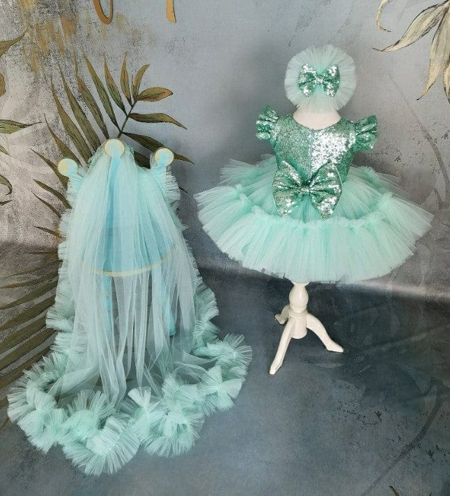 Sunnypetal Mint Green Ruffled Sleeves Sequins Knee-Length Tulle Baby Girl Dress