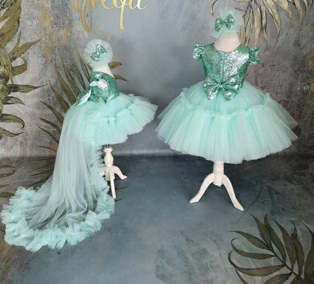 Sunnypetal Mint Green Ruffled Sleeves Sequins Knee-Length Tulle Baby Girl Dress