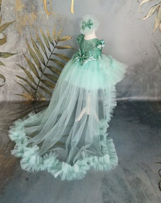 Sunnypetal Mint Green Ruffled Sleeves Sequins Knee-Length Tulle Baby Girl Dress