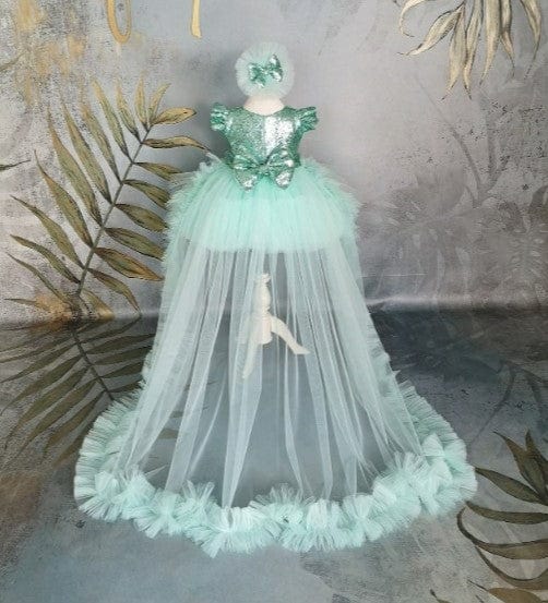 Sunnypetal Mint Green Ruffled Sleeves Sequins Knee-Length Tulle Baby Girl Dress