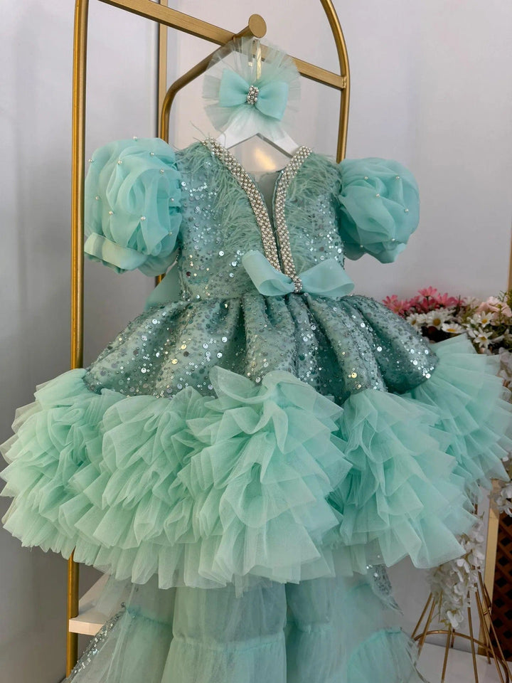 Sunnypetal Mint Puff Sleeves Sequin Ruffles Tulle Flower Girl Dress with Detachable Train