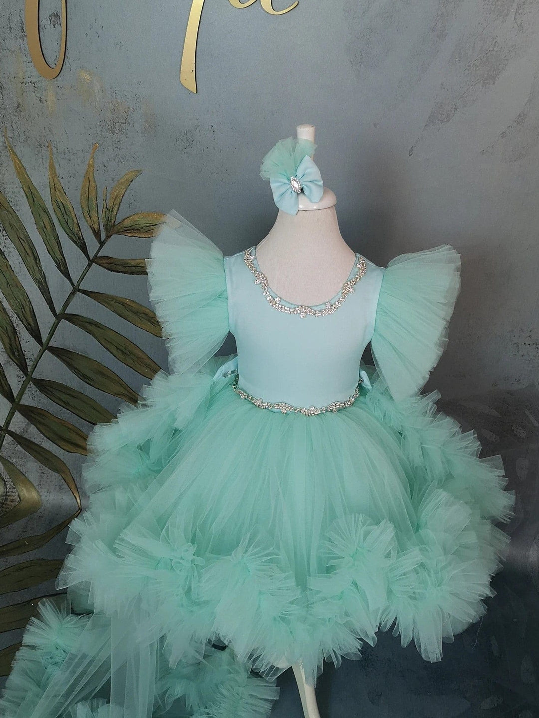 Sunnypetal Mint Puff Tulle Knee-Length Dress Baby Girl Pageant Prom Gown